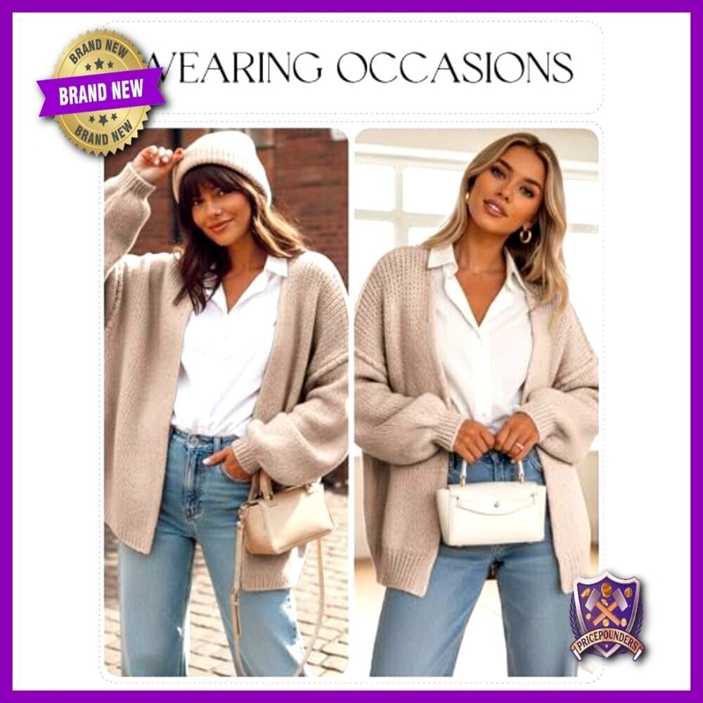 Oversized Chunky Knit Cardigan with Lantern Sleeves, Open Front, Below Hip - Picture 4 of 7